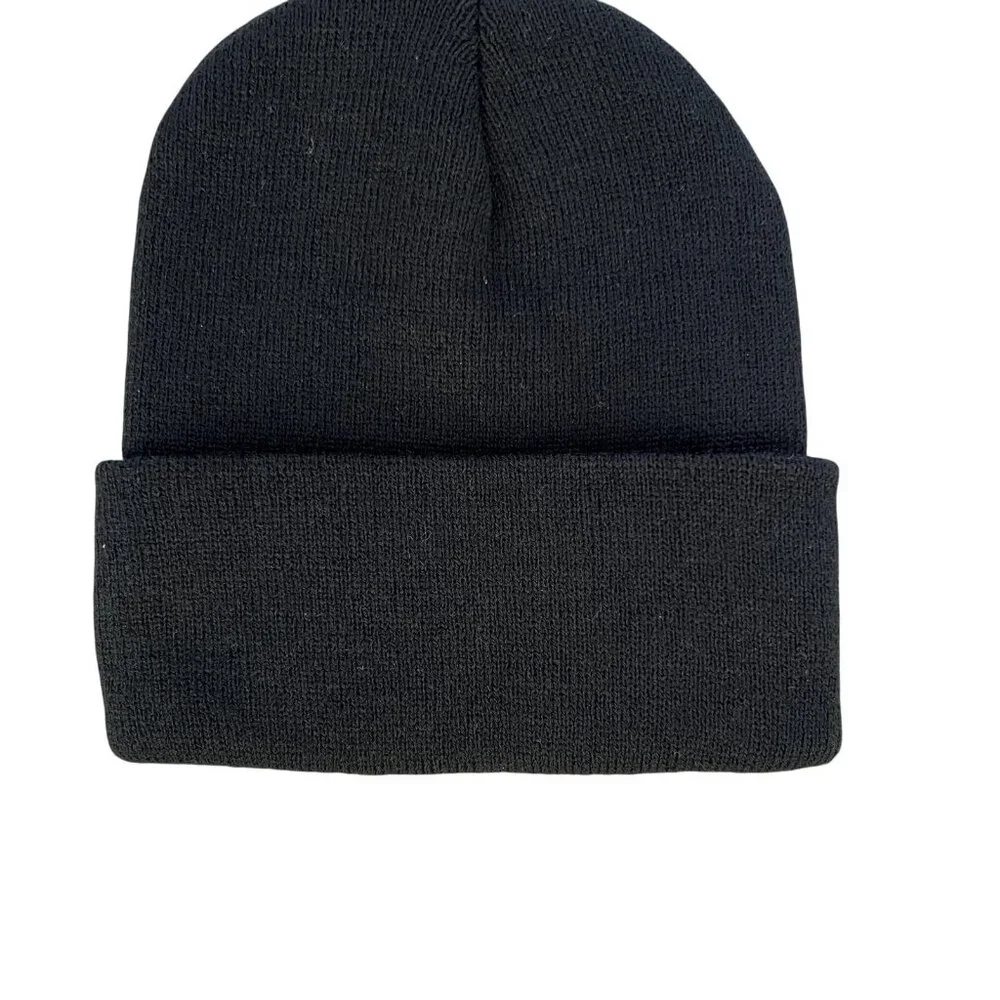 2 Mens Knit Caps 1 Star Embroidered 1 Solid Black Beanie Cuffed Winter Football